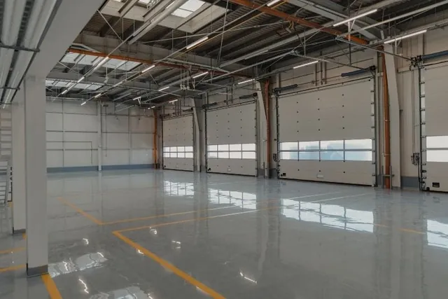 Worker rolling out mustard-coloured epoxy coating across a room floor