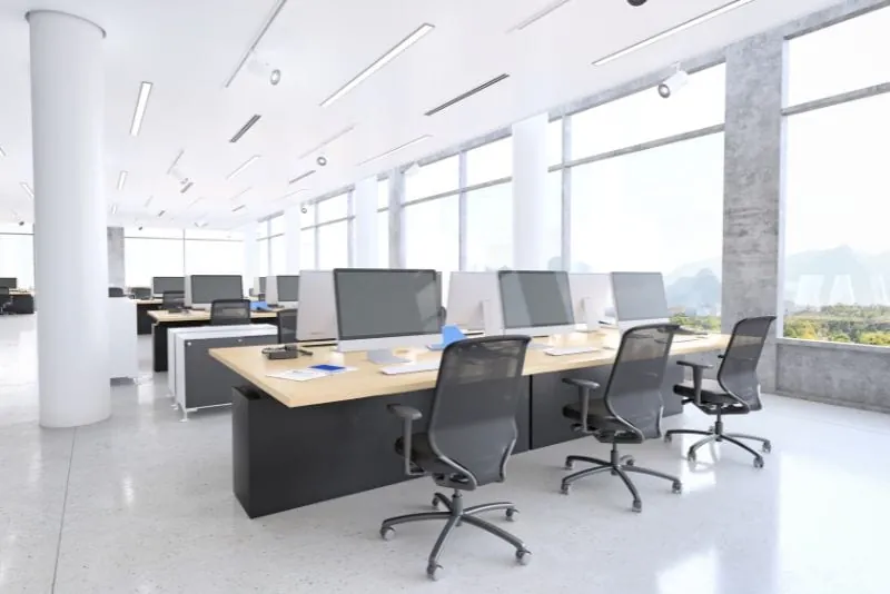Office building interior featuring a durable commercial epoxy floor in Wollongong