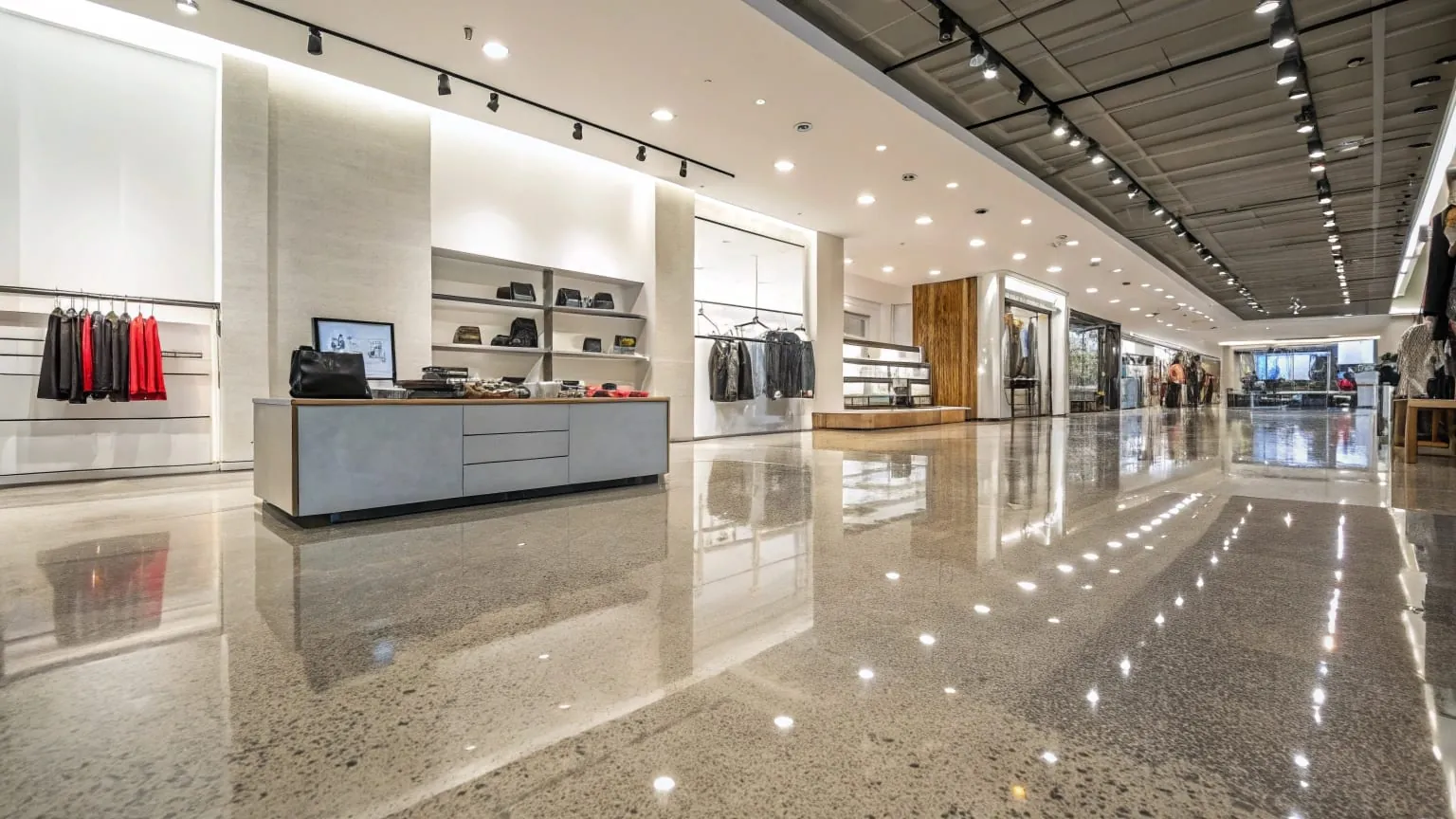 Retail epoxy flooring in a commercial store with a glossy decorative finish and customers shopping