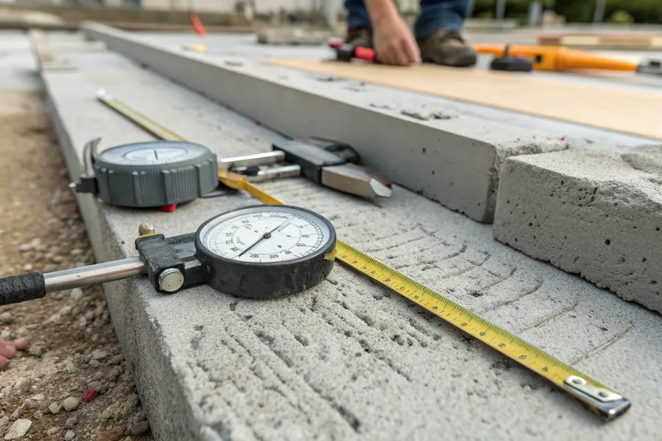Technician performing quality control checks on a prepared concrete surface