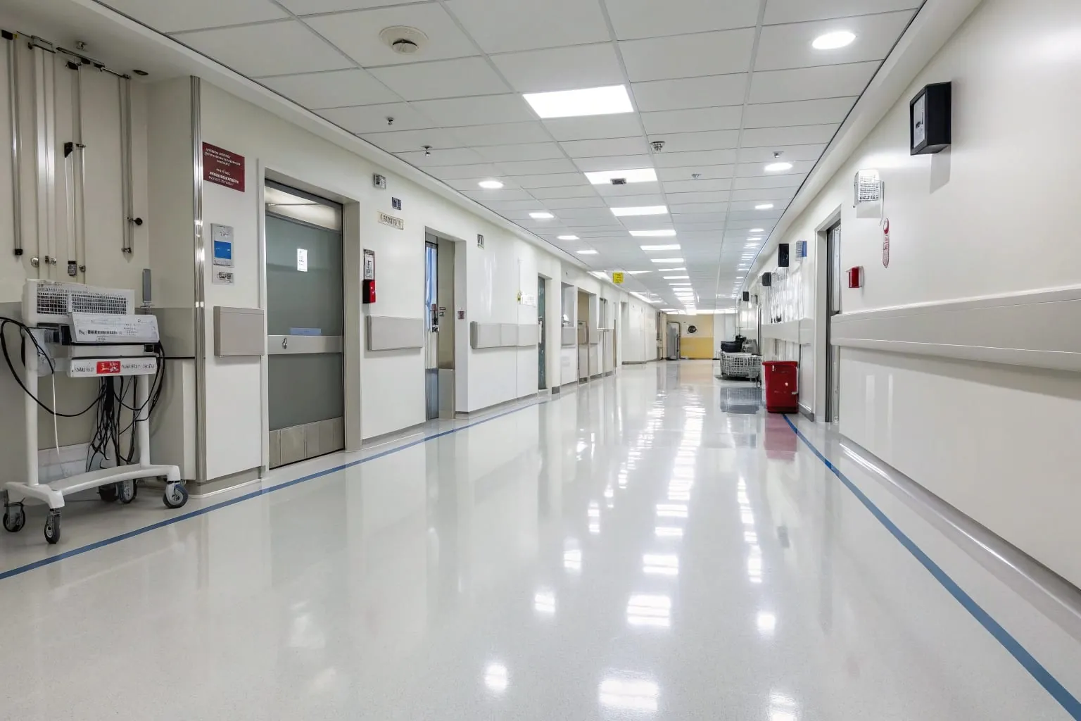 Clean hospital corridor with seamless epoxy flooring in a medical facility