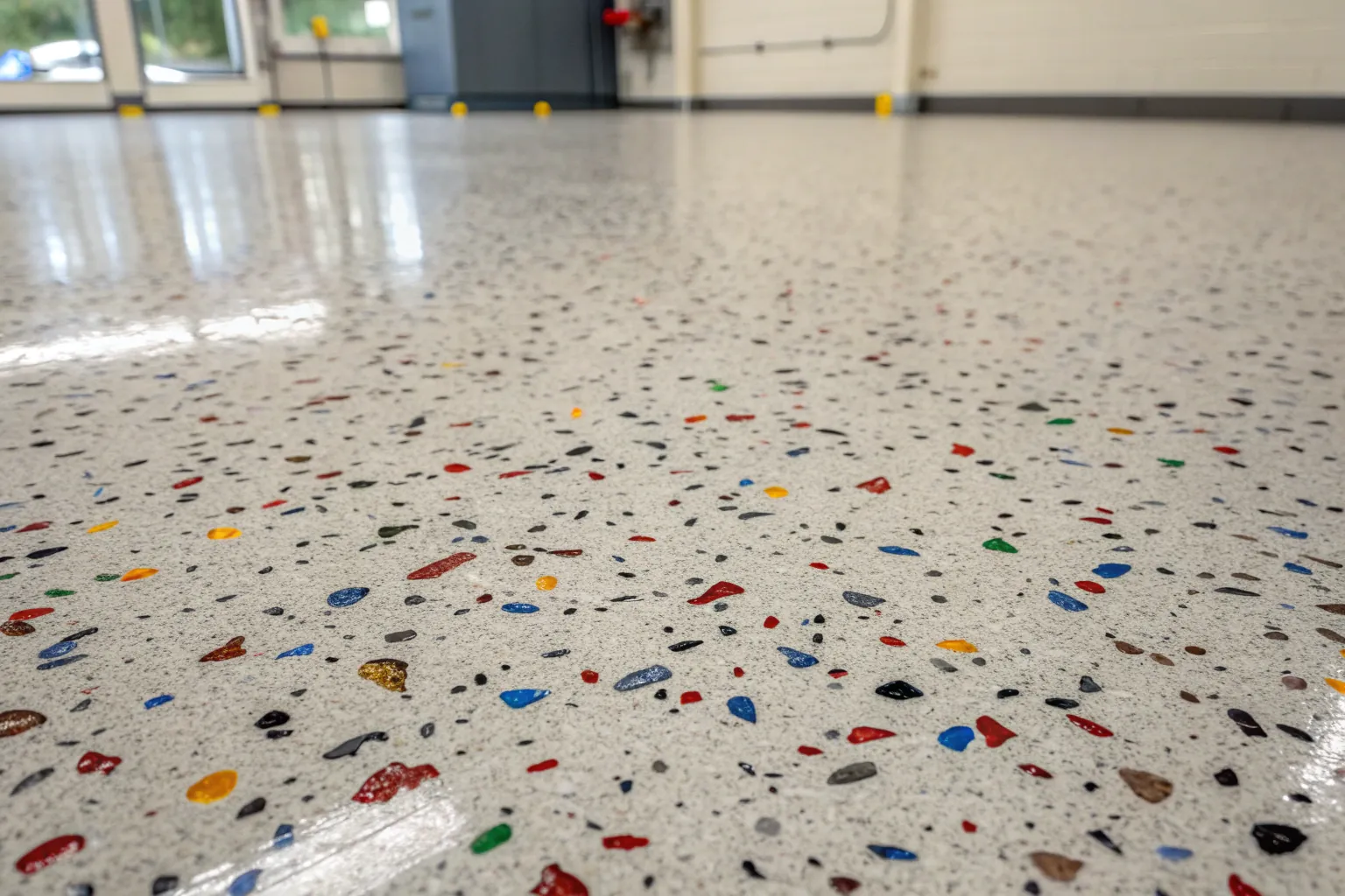 Coloured flake epoxy flooring finish creating a decorative speckled texture
