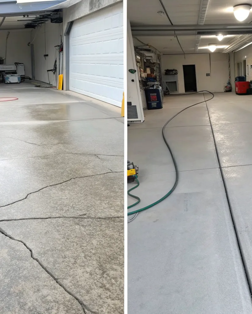 Side-by-side comparison of a concrete surface before and after crack repair prep