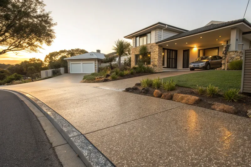 Stunning decorative epoxy coated driveway with flake system at Wollongong coastal home showing enhanced curb appeal