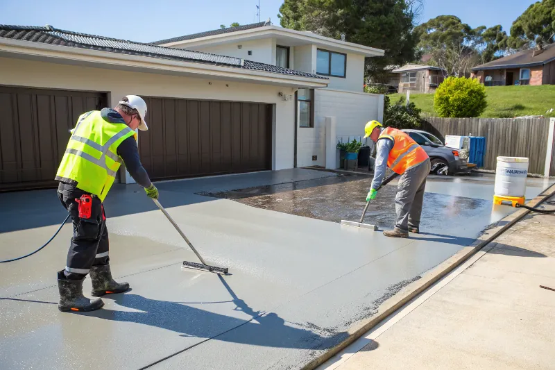 Professional contractors applying epoxy driveway coating in Wollongong with specialized equipment and safety gear
