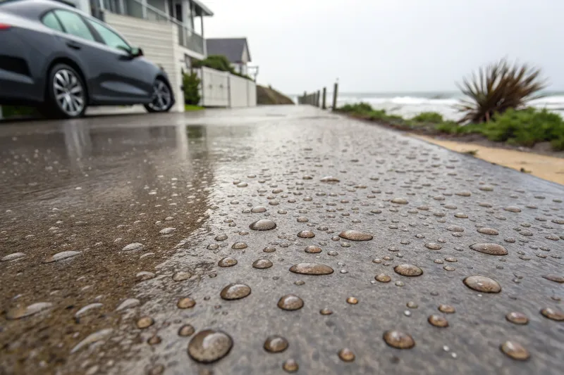 Water beading on epoxy coated driveway surface showing stain resistance and durability in coastal conditions