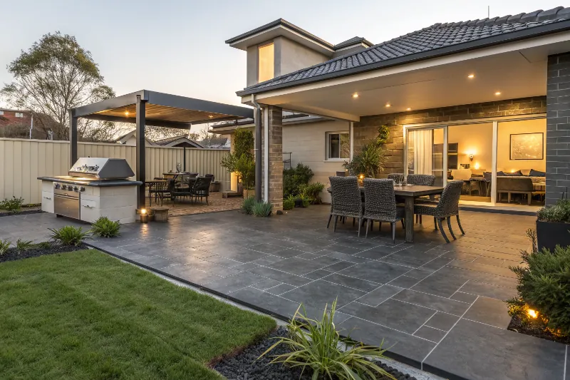 Completed epoxy coated patio with outdoor furniture and BBQ area in Australian suburban backyard