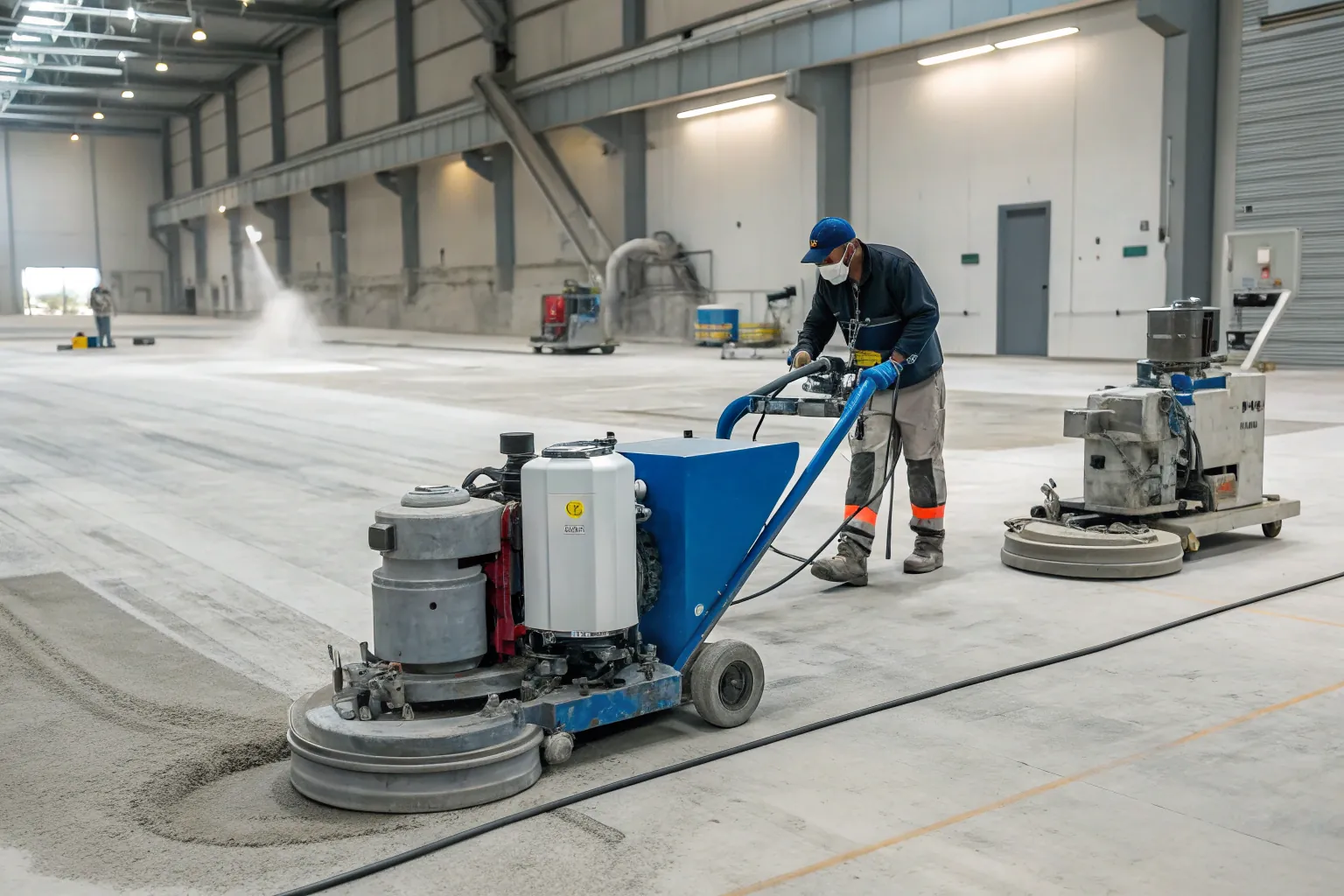 Industrial diamond grinding and shot blasting equipment preparing a warehouse floor