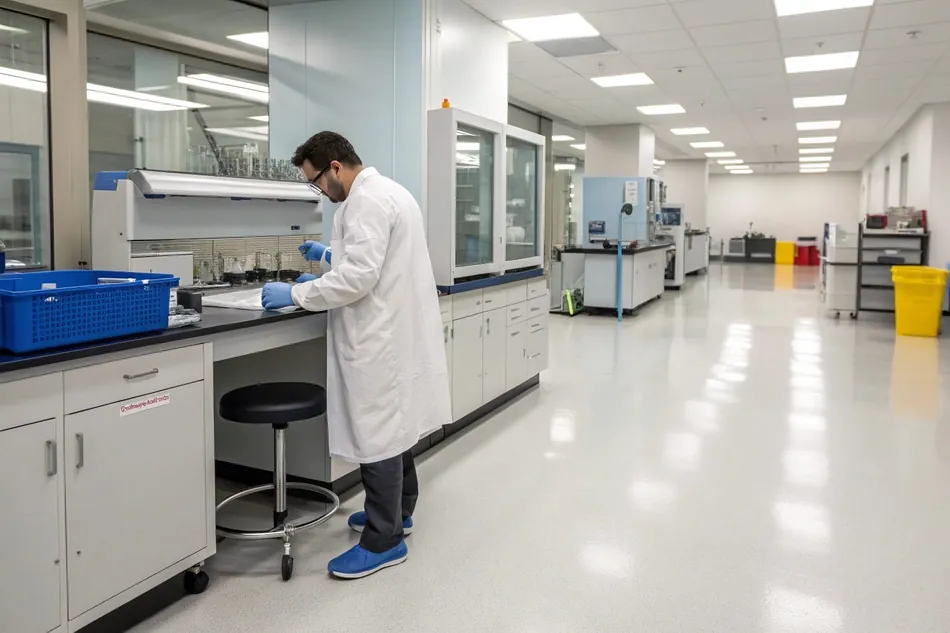 Medical laboratory with chemical-resistant epoxy flooring for healthcare facilities