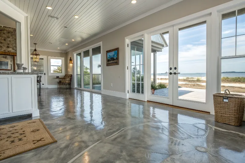 High-gloss metallic epoxy floor finish in a coastal home