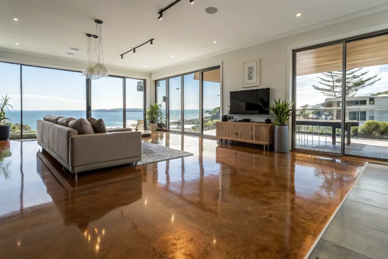 Stunning metallic epoxy flooring installation in Wollongong luxury home living room with bronze shimmer effects