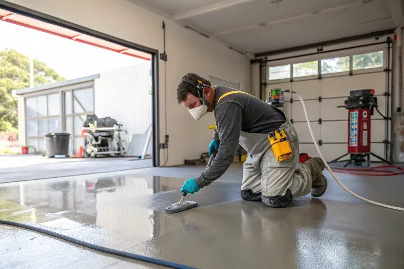 Professional metallic epoxy flooring installation in progress showing expert application techniques in a garage