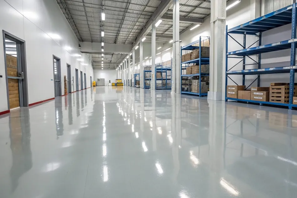 Commercial warehouse with professional epoxy flooring installation by flooring contractors