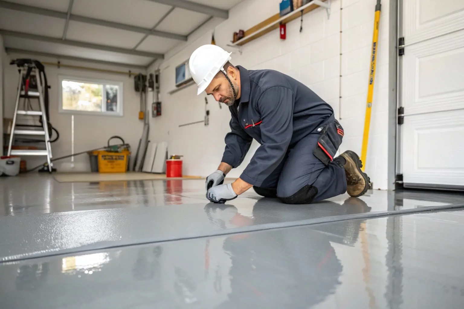 Tradesman kneeling to inspect a freshly coated garage floor