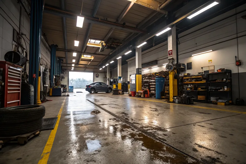 Professional workshop garage with a thick, industrial-grade epoxy floor
