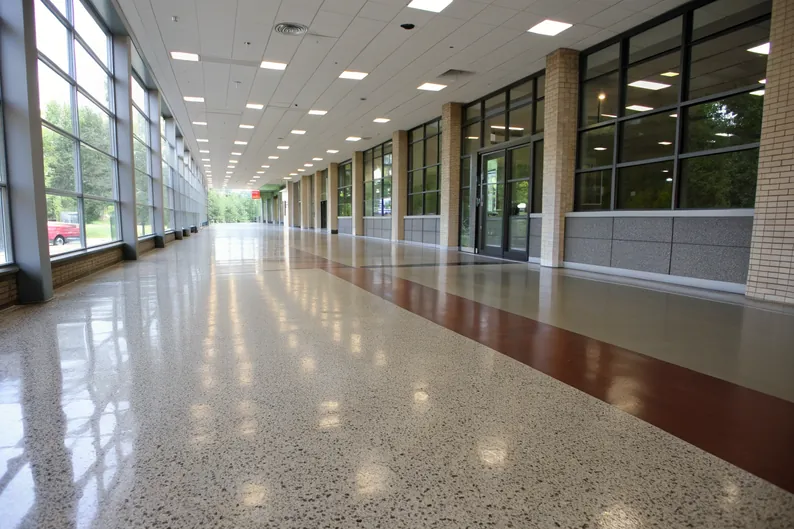 Satin-finish epoxy floor with a moderate sheen for reduced glare