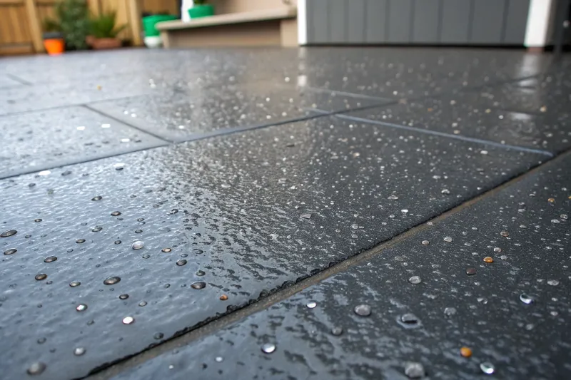 Close-up of textured epoxy patio coating showing slip-resistant aggregates and water beading on surface