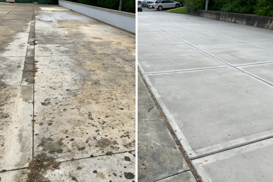 Split comparison showing untreated, contaminated concrete beside a properly prepared surface