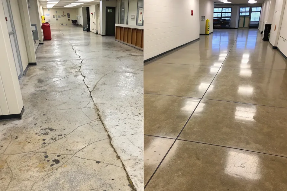 Split-screen comparison showing a worn floor before and after professional refinishing