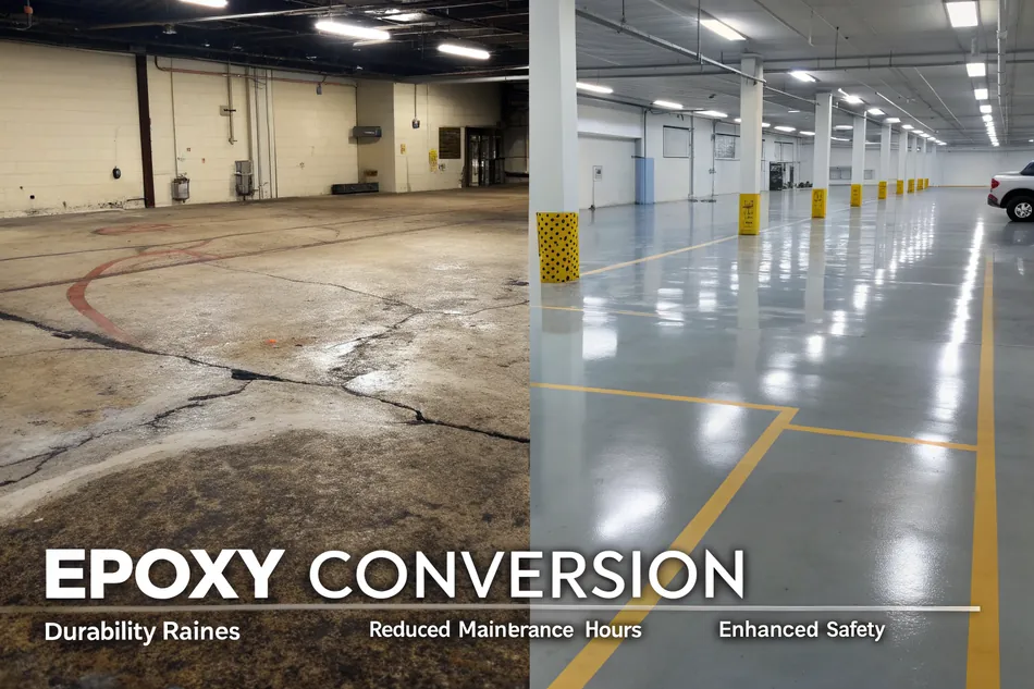 Split-screen comparison showing epoxy floor performance versus an old worn floor