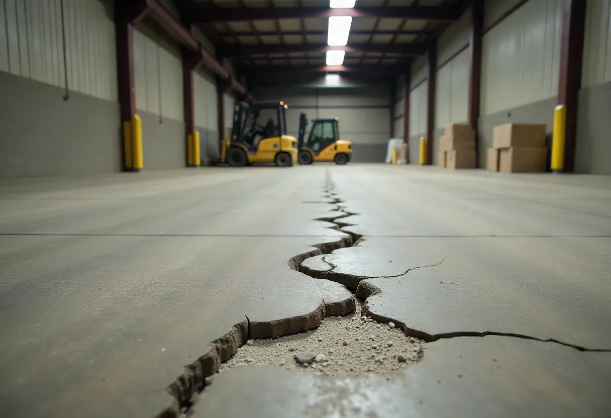 Damaged concrete floor in Port Kembla industrial warehouse with cracks, spalling, and forklift tire marks.