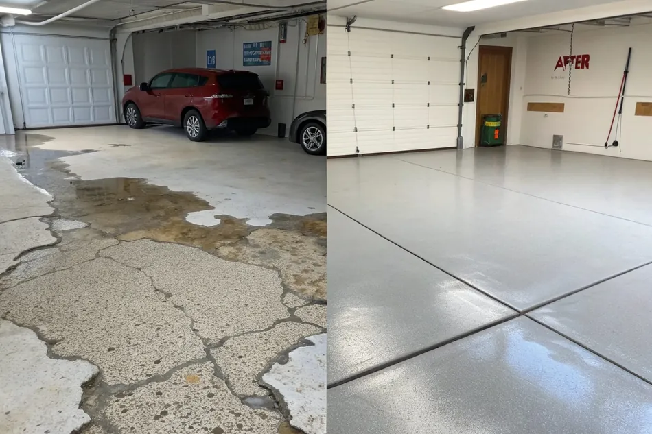 Before and after old epoxy floor removal showing surface restoration in a home