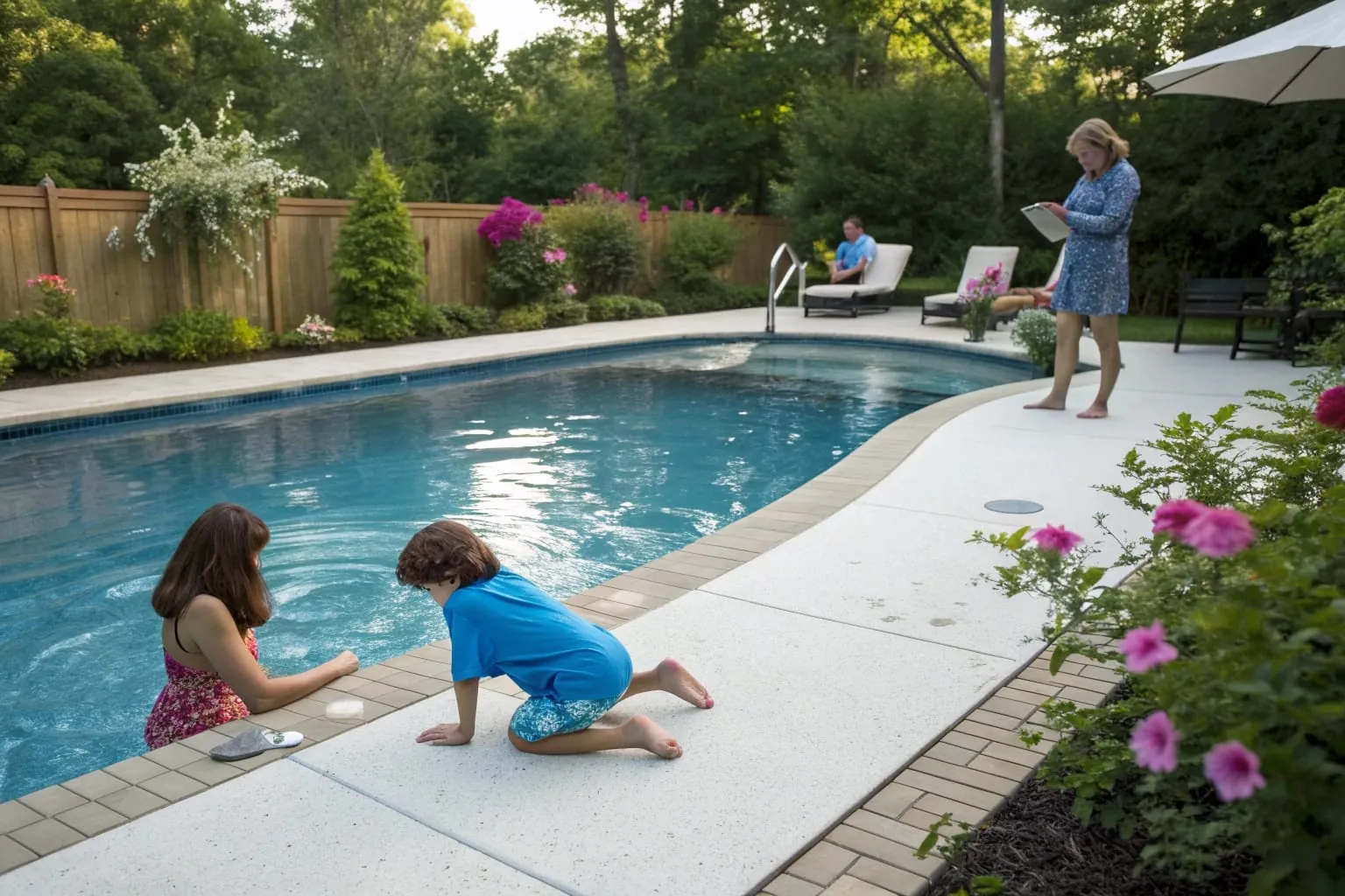 Family relaxing barefoot around a backyard pool with epoxy deck coating