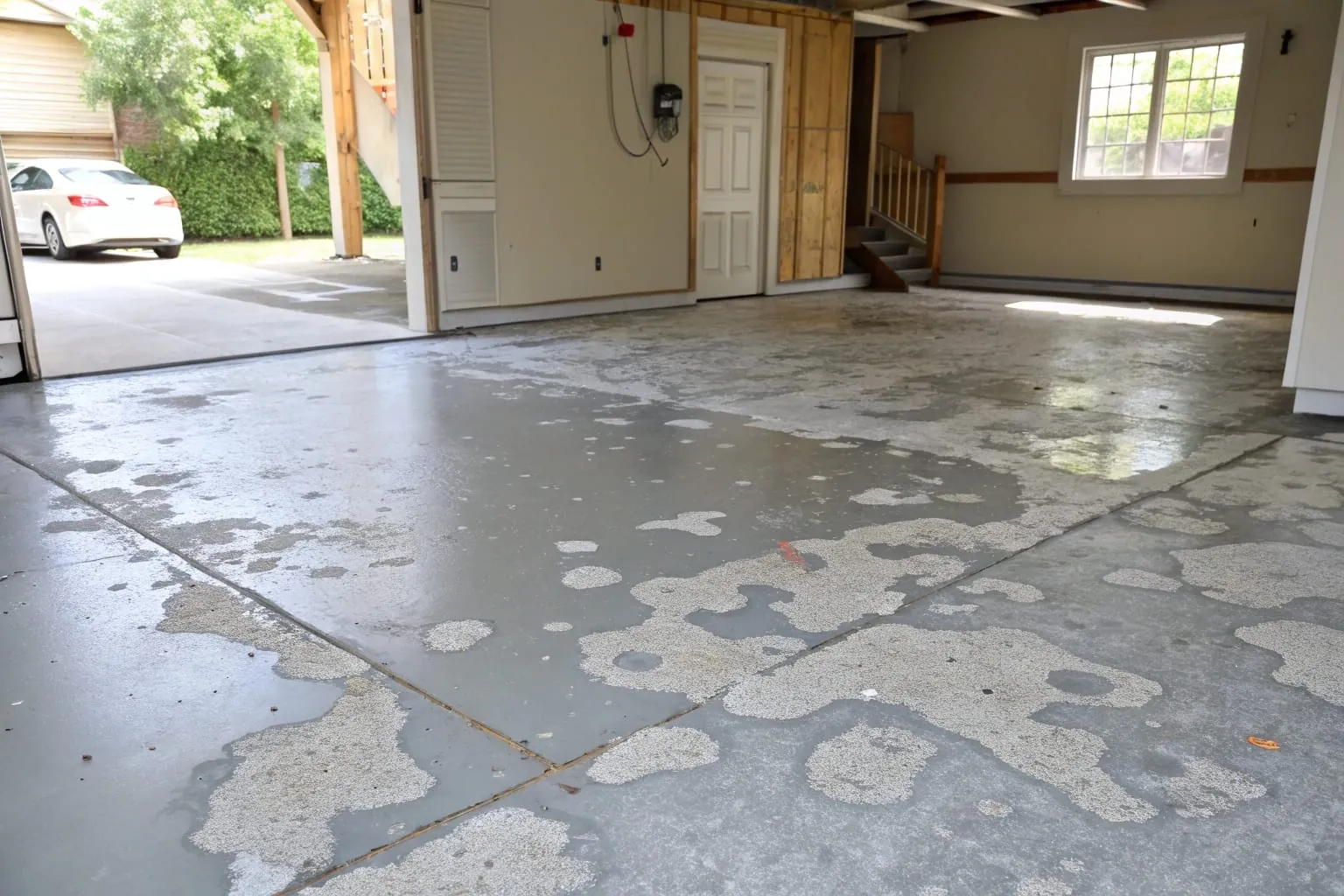 Peeling epoxy floor in a garage showing common coating failure