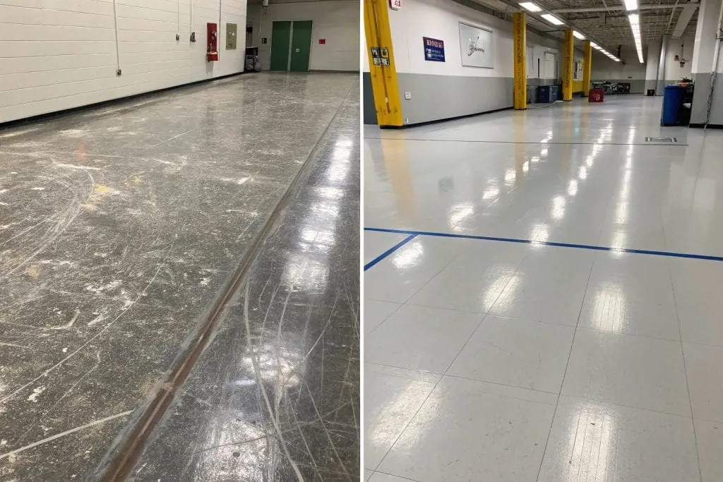 Before and after epoxy floor chip and scratch repair results
