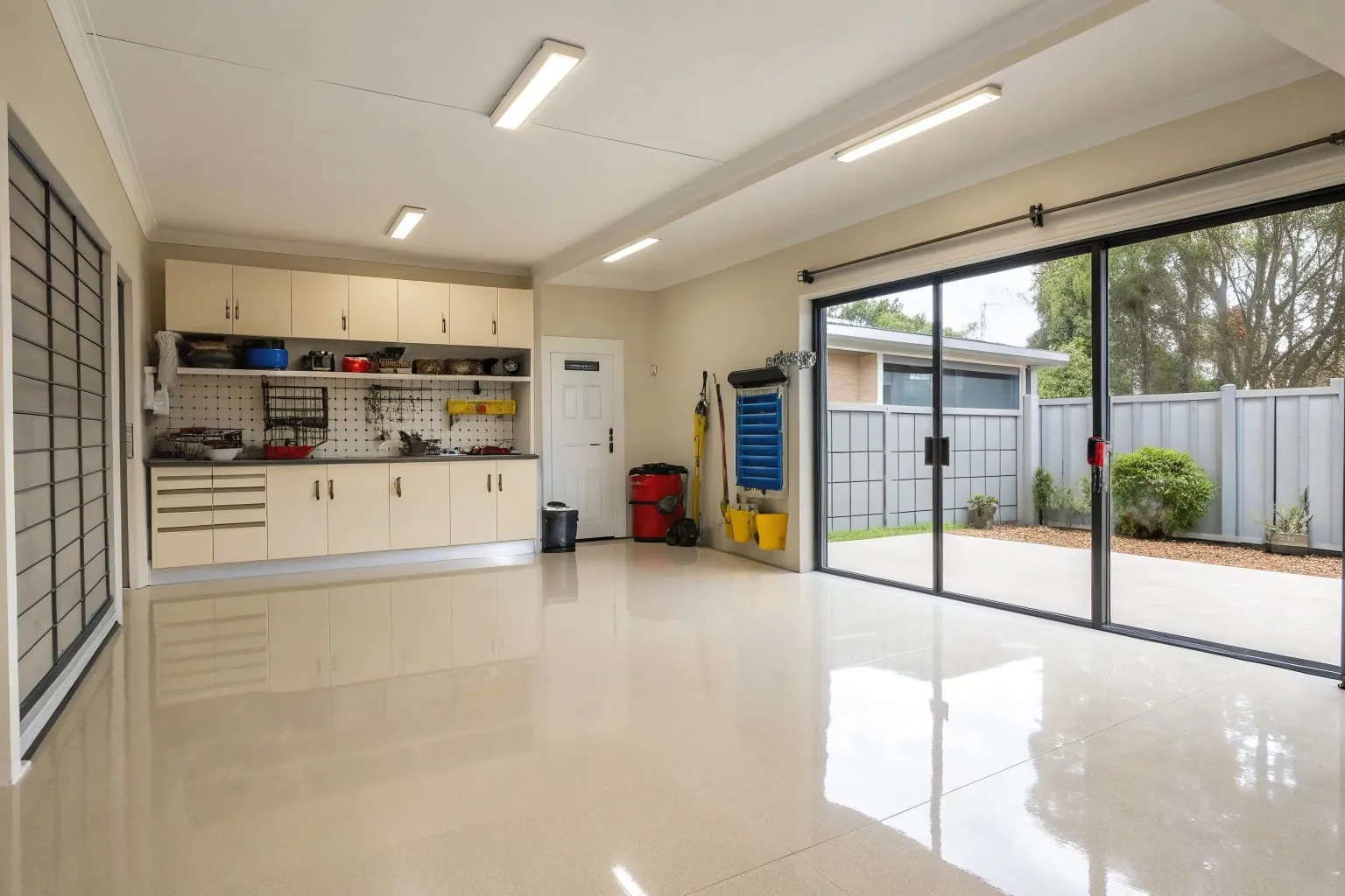 Salt-resistant epoxy garage flooring installation in a coastal home