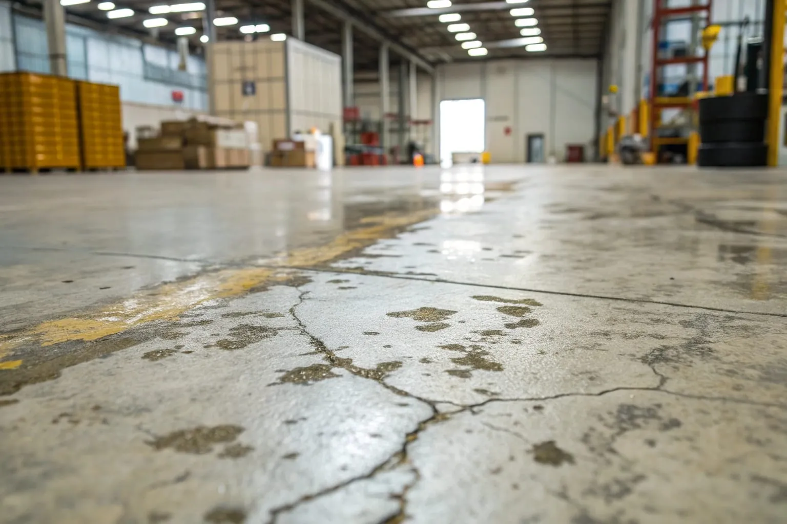Cracked and worn commercial epoxy floor in a warehouse before repair