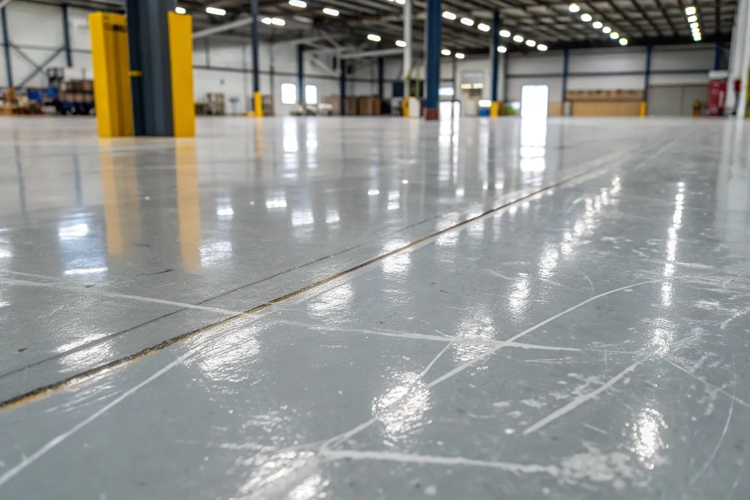 Damaged epoxy floor with chips and scratches in a warehouse needing repair