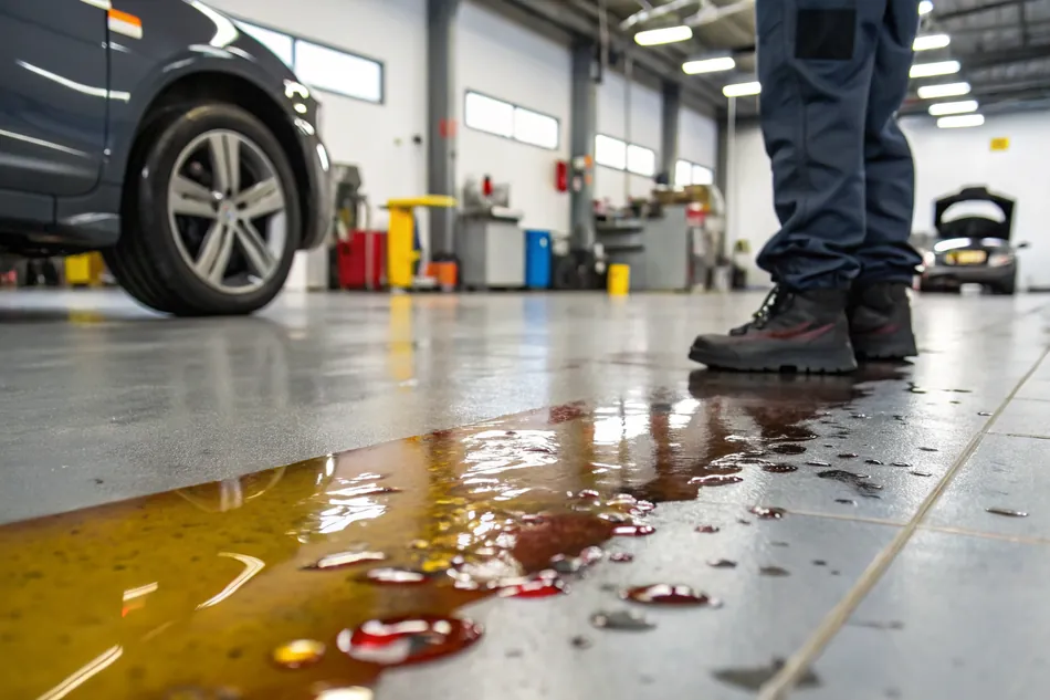 Close-up of a glossy epoxy floor finish in an automotive workshop