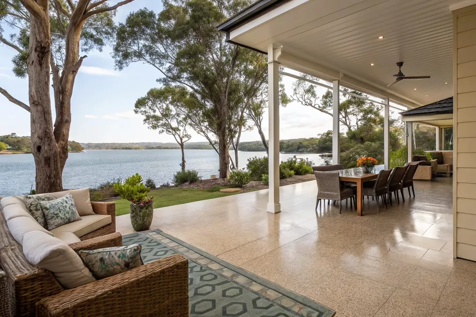 UV-resistant outdoor epoxy flooring for a waterfront entertainment area