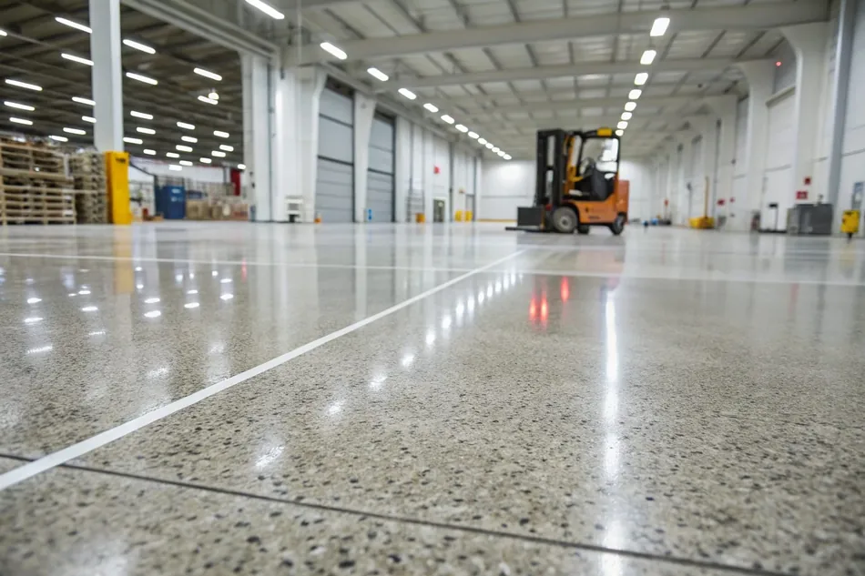 Slip-resistant industrial floor coating in a warehouse facility with anti-slip additives