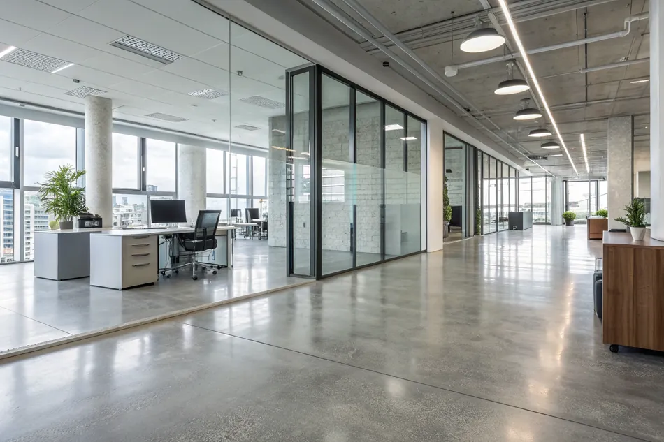 Modern open-plan office with a polished concrete floor