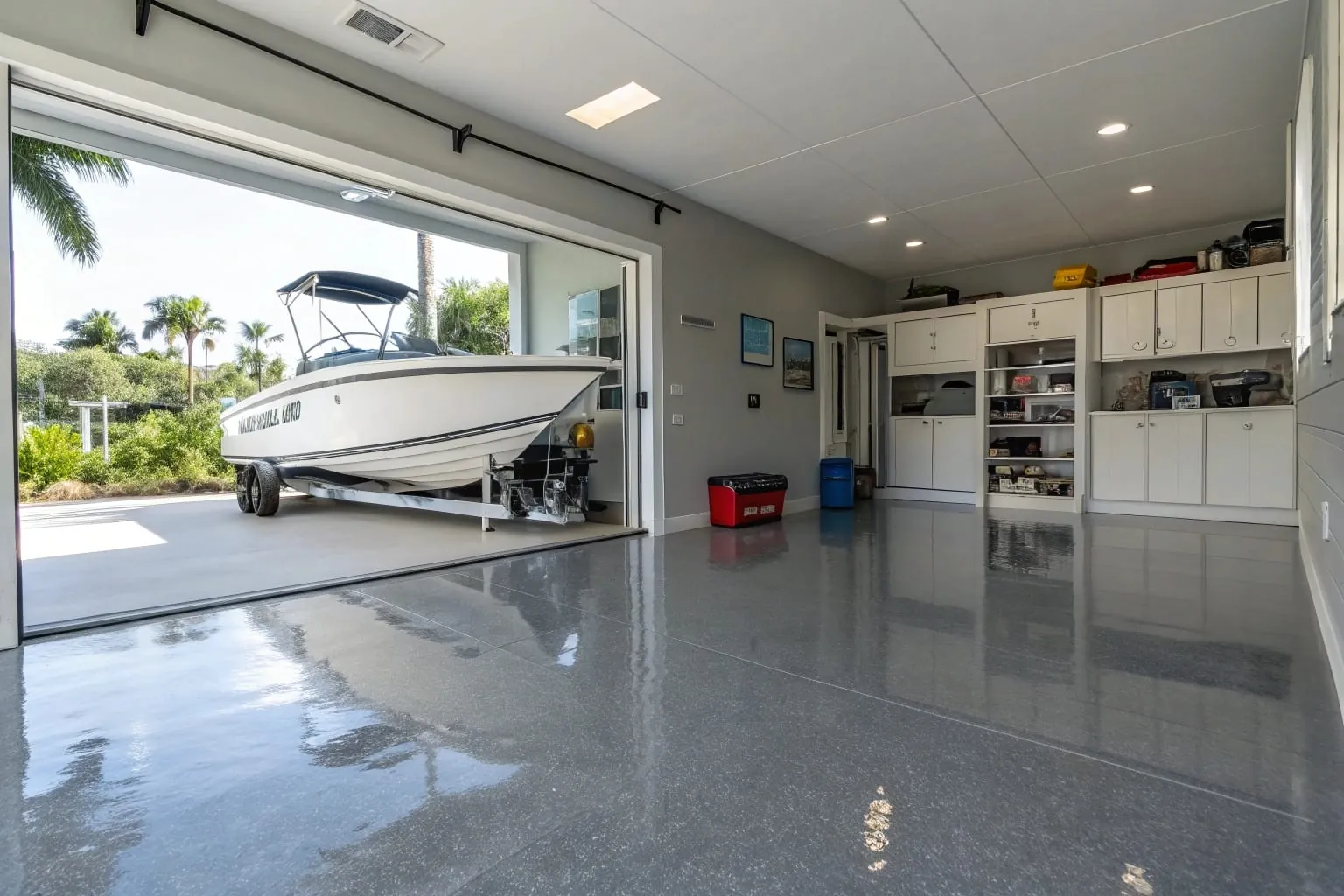 Modern lakeside garage with glossy grey epoxy floor coating and boat storage