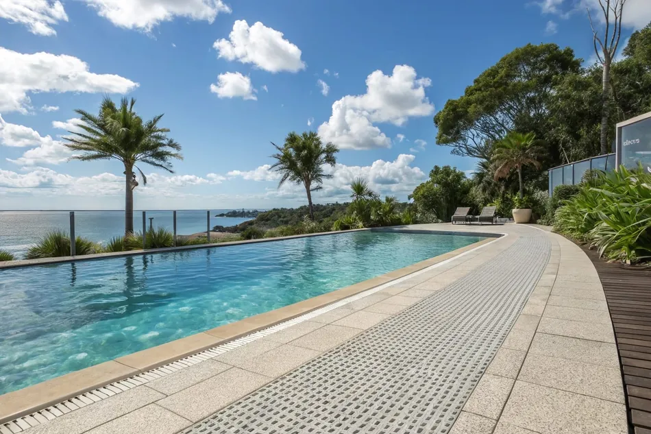 Pool deck with slip-resistant additives installed for safety in a residential property