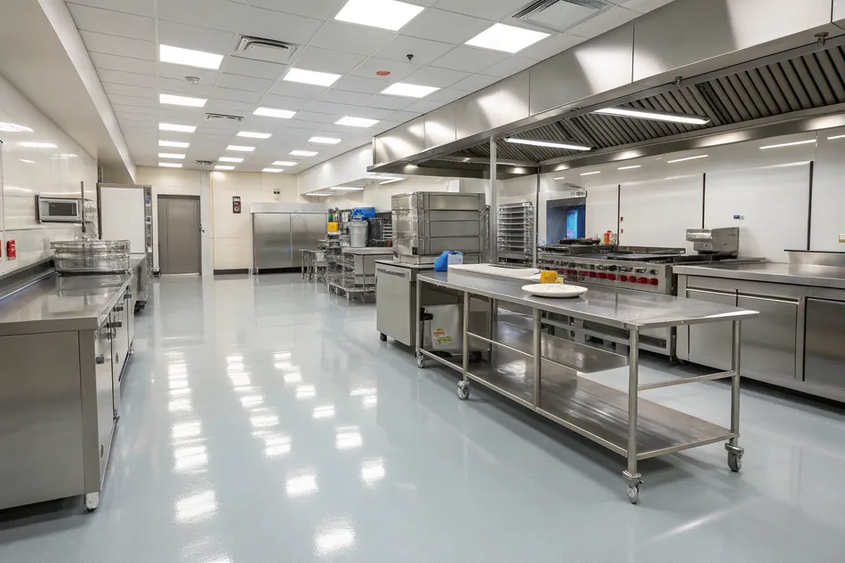 Commercial kitchen with a light grey seamless epoxy floor