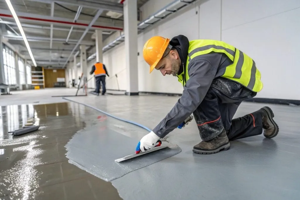 Professional epoxy floor repair service being performed in a facility