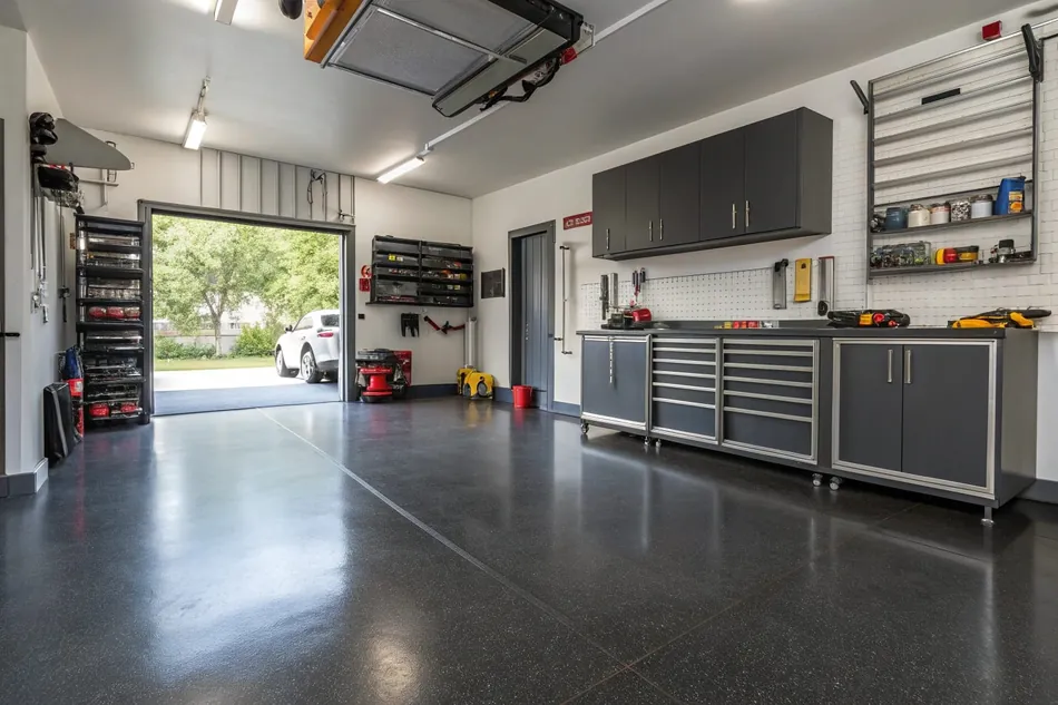 Durable epoxy flooring protecting a garage from coastal moisture and salt air