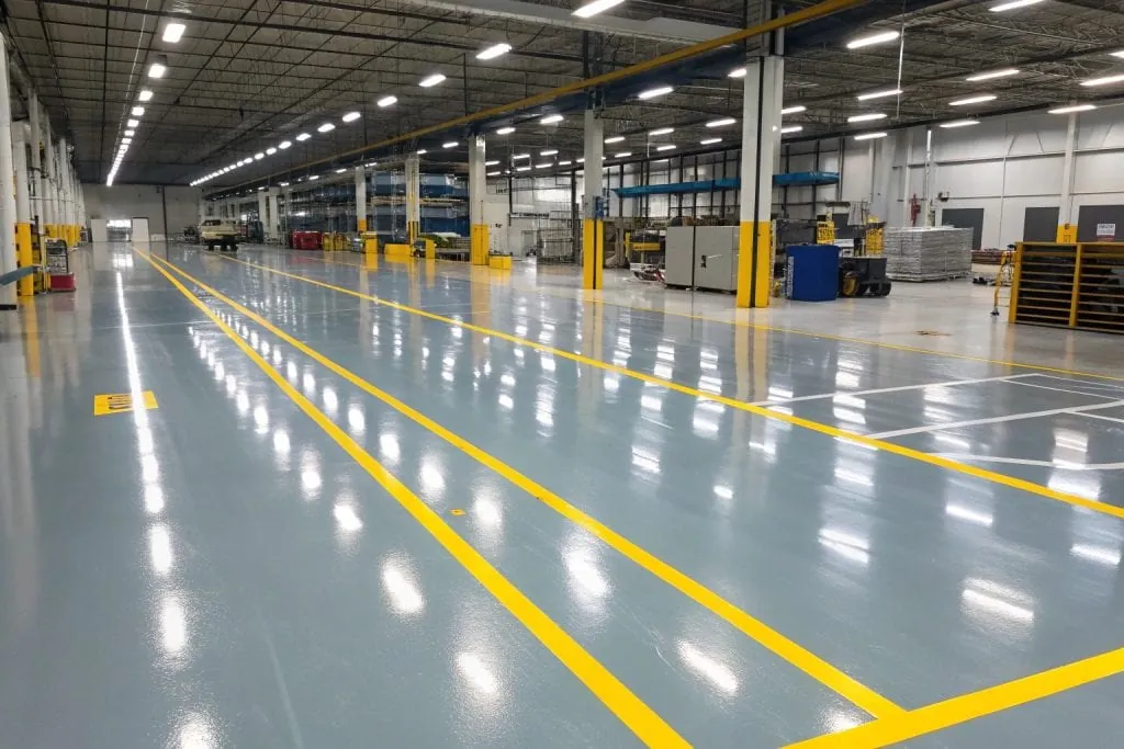 Commercial grade epoxy flooring with safety line marking in a factory