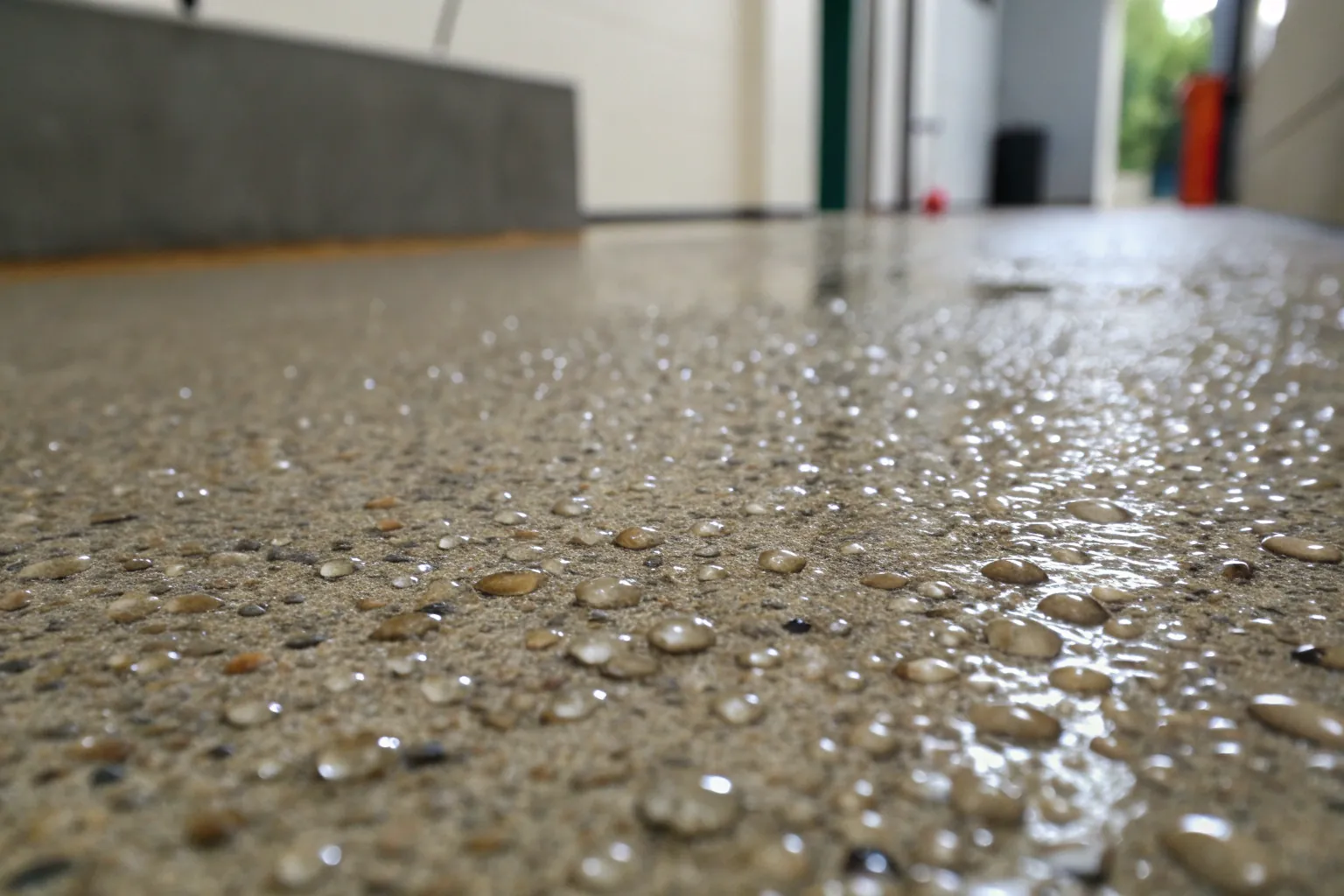 Close-up of a textured epoxy floor surface with water beading on it