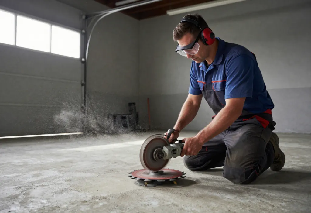 A professional tradesman in work gear operating a diamond grinding machine
