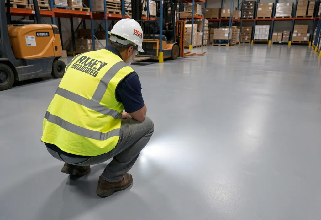 Industrial facility manager inspecting epoxy floor with flashlight