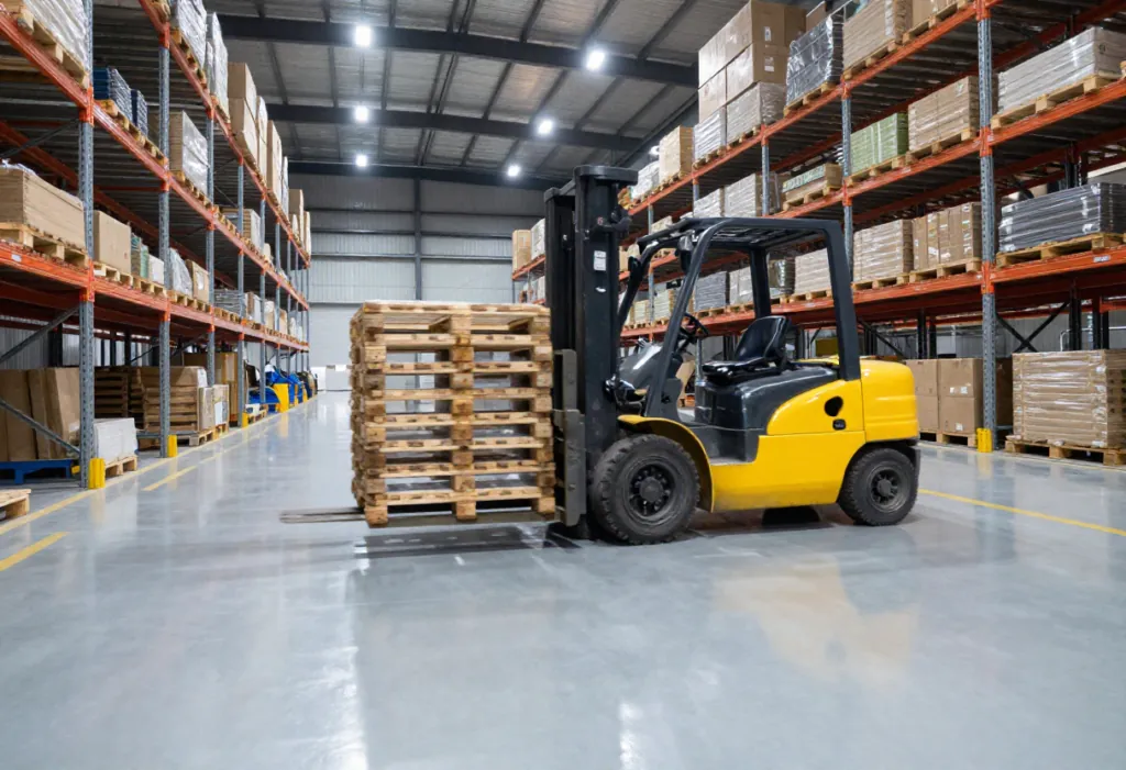 Industrial warehouse interior with glossy gray epoxy flooring