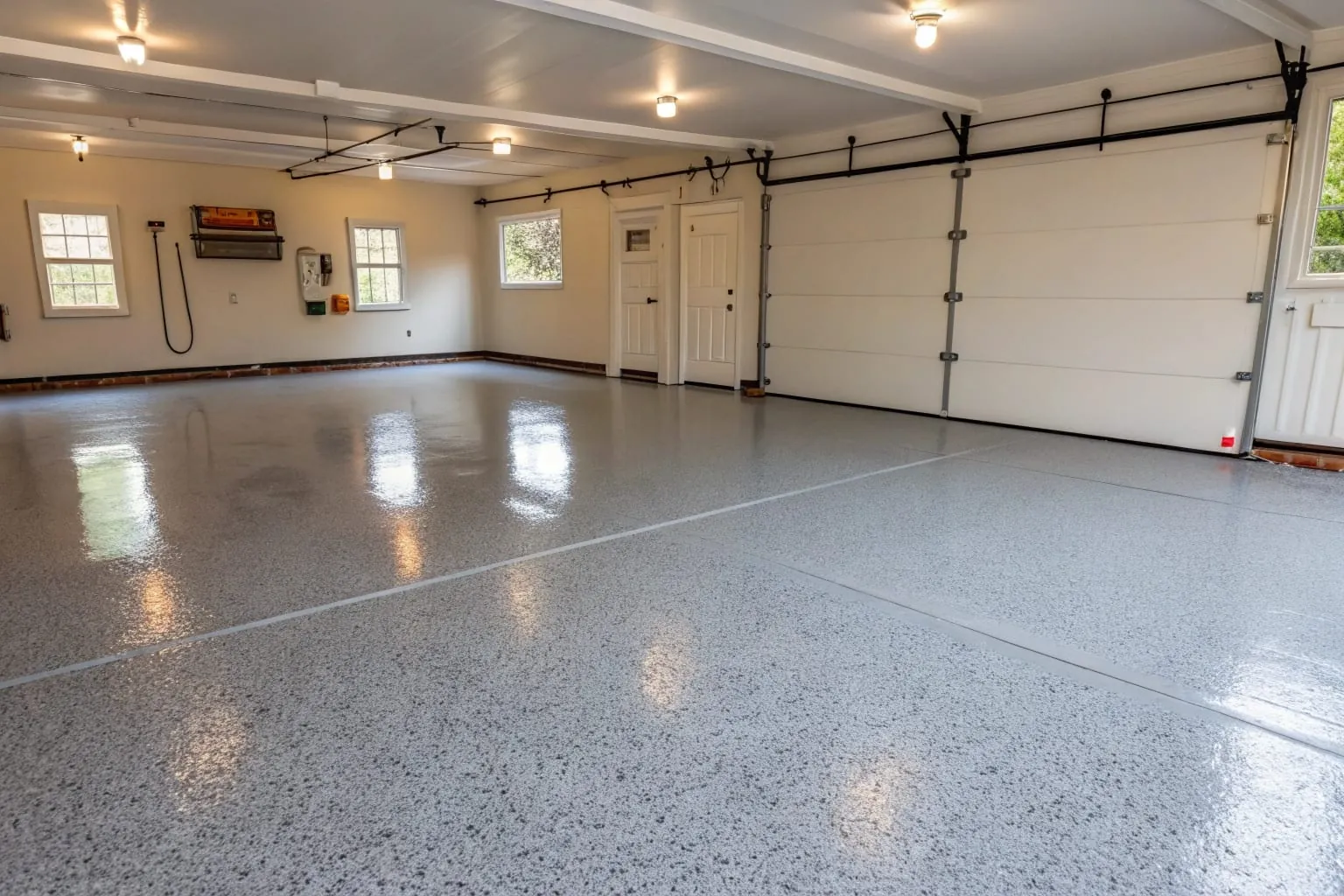 A clean freshly coated professional epoxy garage