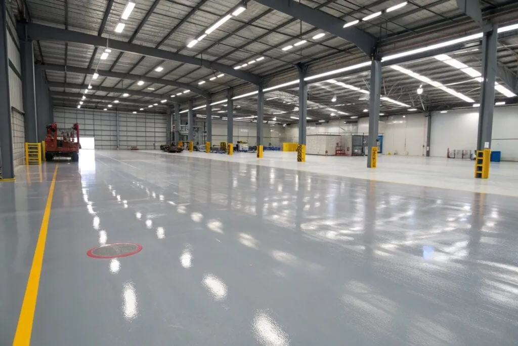 Epoxy flooring installed in an industrial warehouse