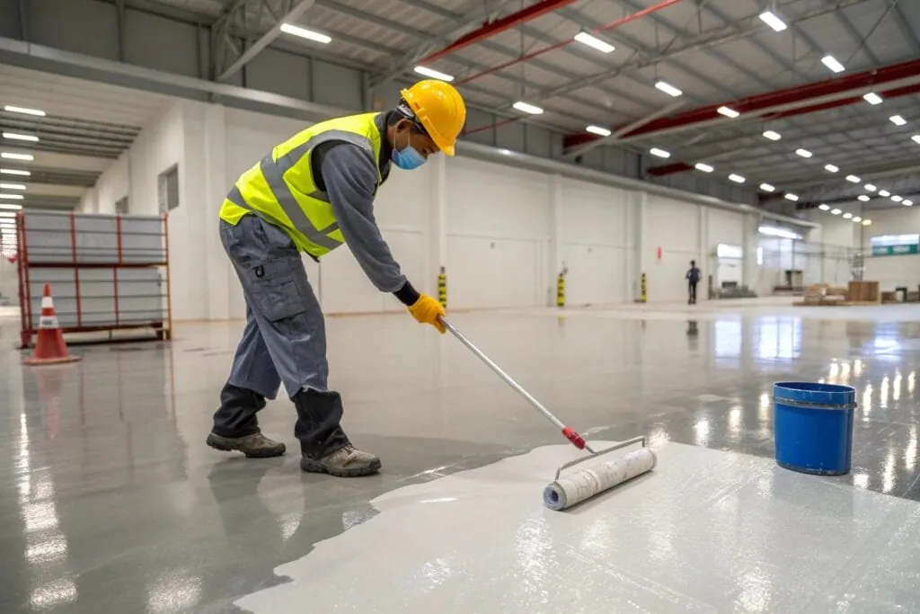Epoxy flooring contractor applying coastal-grade coating to a concrete warehouse floor