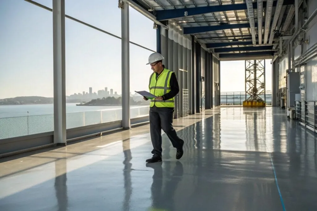 Facility manager inspecting epoxy floor in a warehouse